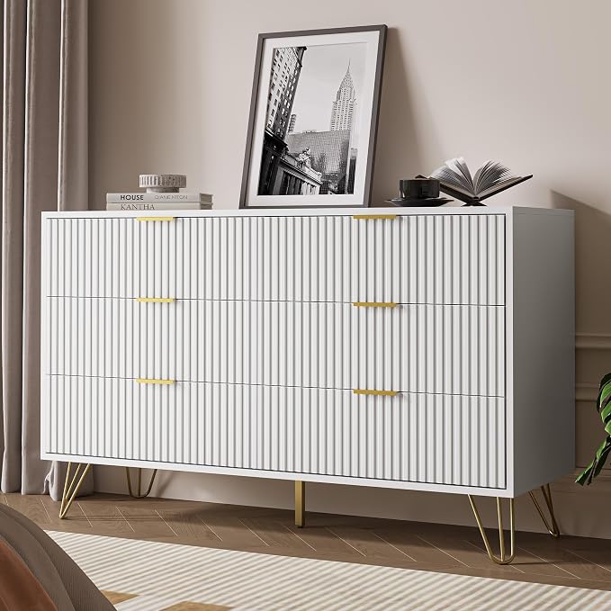 MAISONARIA White Dresser for Bedroom, Modern Dresser with Gold Metal Handles & Chests of Drawers, Wood Chest of Drawers for Bedroom