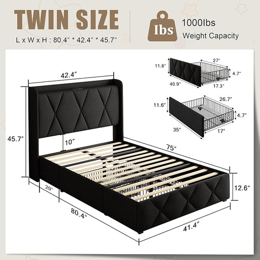 Einhomn Twin Bed Frame with 3 Storage Drawers, Upholstered Bed Frame with Charging Station and Storage Headboard, No Box Spring Needed, Easy Assembly, Black