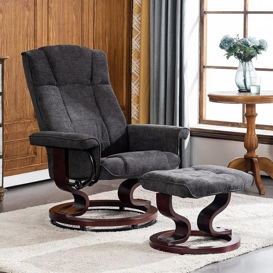 MCombo Manual Swivel Recliner with Ottoman, Chair Ottoman Set for RV Small Spaces, Living Room, Bedroom, Office 4919 (Chenille, Grey)