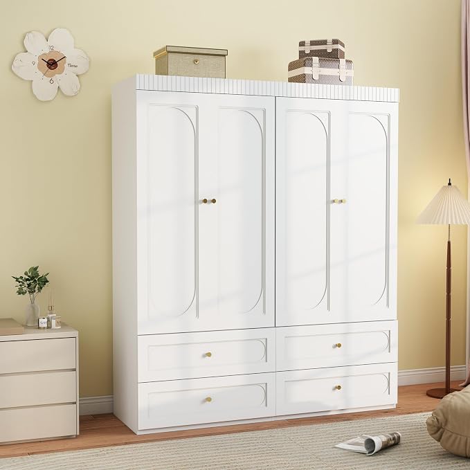 Wooden Wardrobe Closet with Doors: 75" Tall White Armoire Wardrobe Closet with 4 Drawers and 4 Doors, Modern Clothes Cabinets for Bedroom Armoires with Hanging Rod (4-Drawers, 63")