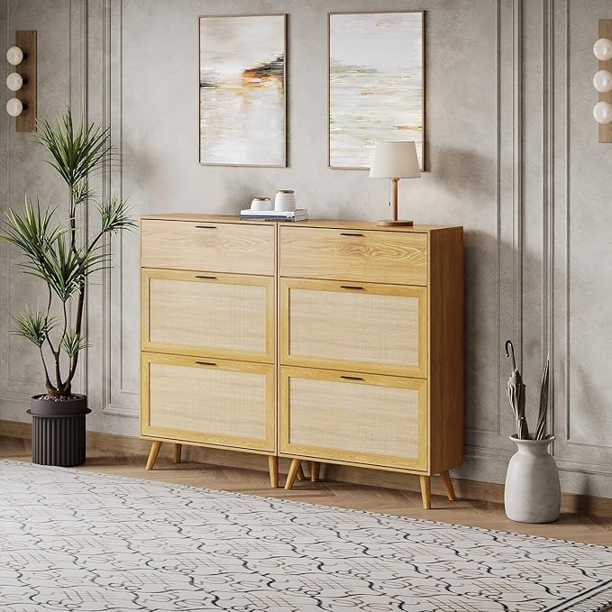 MU Natural Rattan Shoe Cabinet, Entryway Shoe Cabinet with 2 Flip Drawers and Hidden Cabinet, Boho Shoe Organizer Cabinet, Wooden Shoe Storage Cabinet for Entrance, Hallyway, Natural