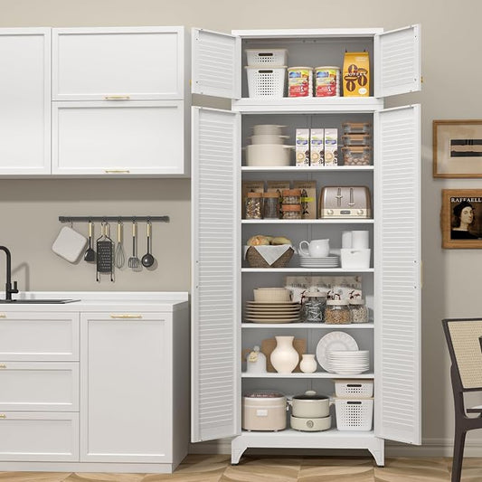 SteeLoong Kitchen Pantry Cabinet,90" Metal Storage Cabinet with Doors and 5 Adjustable Shelves,White Tall Locker Organizer Steel Garage Cabinets for Tool,File Cabinet for Office,Kitchen,Garage,School