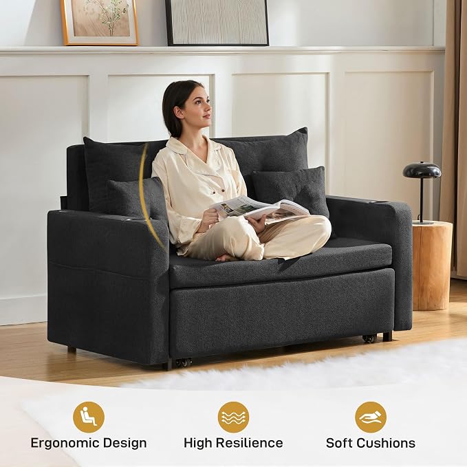 Busaurus Sleeper Sofa Bed, Convertible Pull Out Couch, 56" Full Size Loveseat Sleeper Sofa with 4 Pillows, Pocket & USB, Small Couch Bed for Small Spaces, Bedroom, Apartment, Living Room, Linen Black