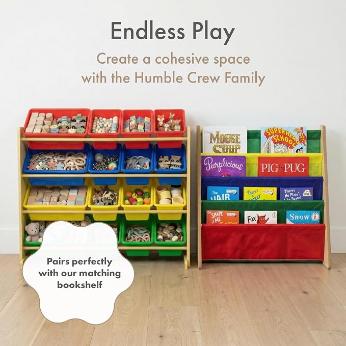 Humble Crew Toy Storage Organizer with 16 Removable Storage Bins for Kids Playroom, 4-Tier Toddler Toy Organization, Natural Wood/Primary