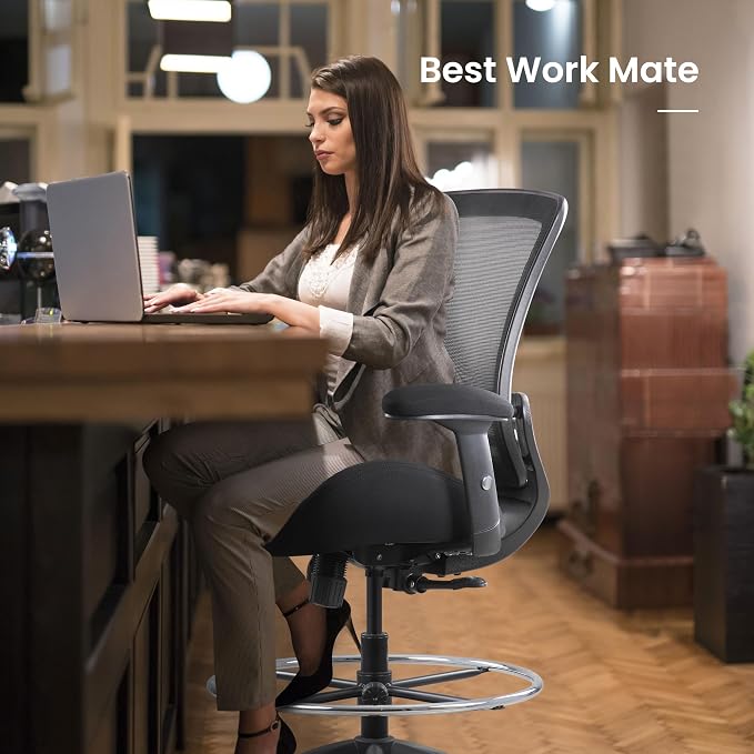 BOLISS 400lbs Mid Back Mesh Ergonomic Drafting Chair for Standing Desk Office Wide Chair Built-in Lumbar Support Big Adjustable Foot Ring Height Adjustable Armrest (Black)