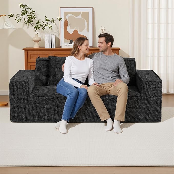 Luxanimarion 77'' Modern Small Loveseat, No Assembly Required Cloud Sofa Cloud Sofa Boneless Couches with 2 pcs Pillows for Living Room, Apartment(Polar Fleece-Black)