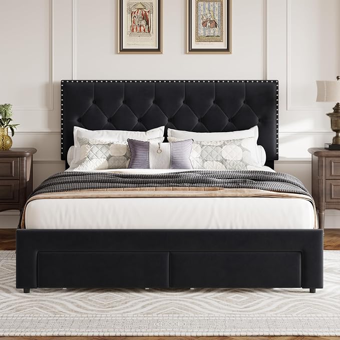 GarveeHome King Size Bed Frame with Storage Drawers — Velvet Upholstered Platform Bed with Vintage Headboard, Wooden Slat Support, Noise-Free, No Box Spring Needed, Black