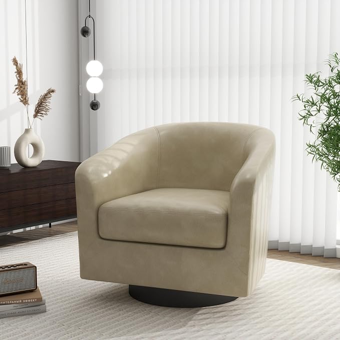 Swivel Barrel Accent Chair, Modern Round Faux Leather Arm Chair for Living Room, Bedroom, Comfy Club Reading Chairs for Adults(Faux Leather, Cream, Set of 1)