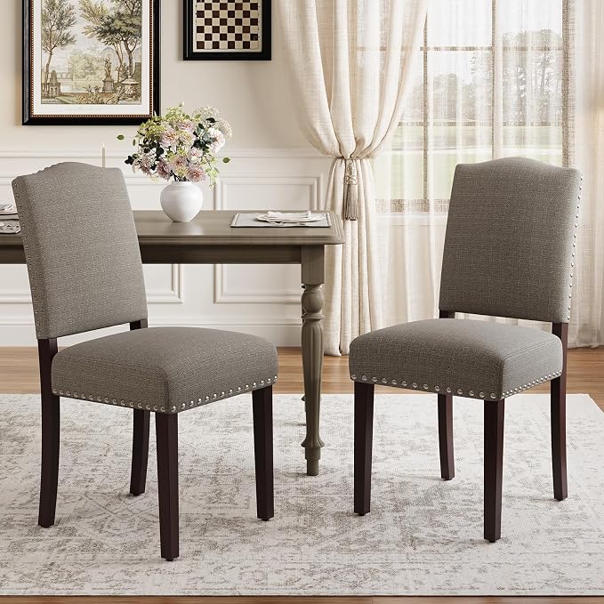 Upholstered Parsons Dining Chairs Set of 2, Modern Dining Room Chairs with Back, Fabric Kitchen Side Chairs with Wood Legs, Nailhead Trim for Dinner Farmhouse Restaurant, Taupe