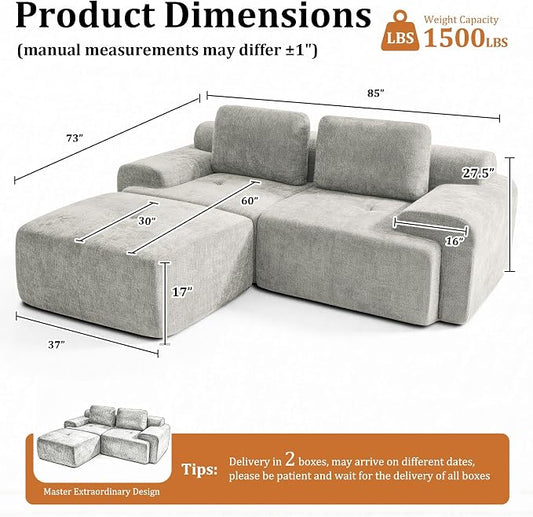 85" L Shaped Oversized Boneless Couch, Comfort Cloud Sectional Couches for Living Room, Modular Sofa High Back & Extra Deep Seat, No Assembly, Soft Chenille (Light Grey, 85 inch- L shaped(2+1))