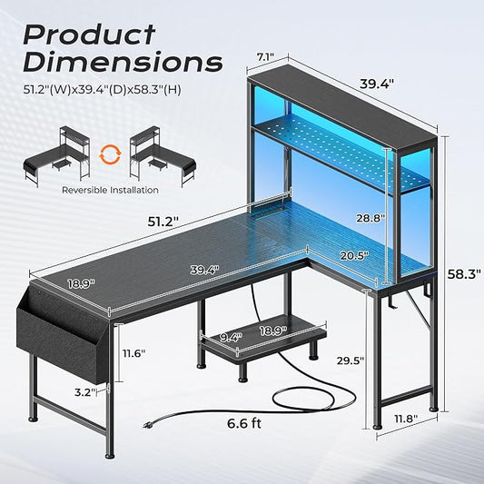 PRAISUN L Shaped Gaming Desk with LED Lights & Power Outlets, Reversible Computer Desk with Storage Shelves & Bag, Large Corner Home Office Desk with Pegboard for Work from Home, Black