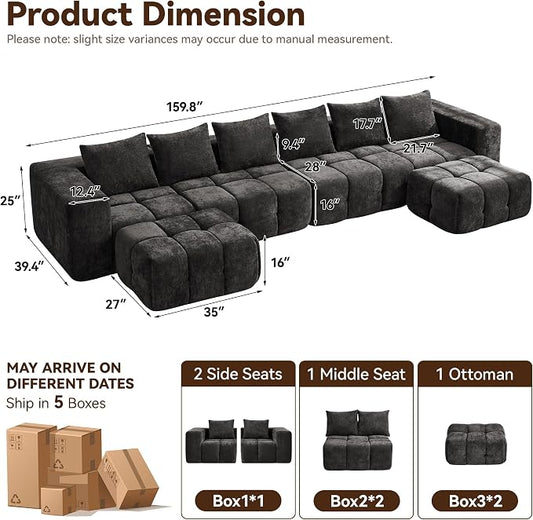 160" Boneless U-Shaped Sofa Couch with 2 Ottoman, 6 Seater Comfy Cloud Sectional Sofas with Deep Seat, Oversized Chenille Sectional Memory Foam Couches for Living Room Bedroom, Tufted Sofa, Dark Grey