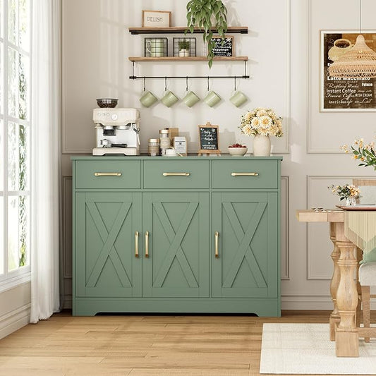 HOSTACK Modern Farmhouse Buffet Sideboard Cabinet, Barn Doors Storage Cabinet with Drawers and Shelves, Wood Coffee Bar with Storage for Dining Room, Kitchen, Living Room, Green