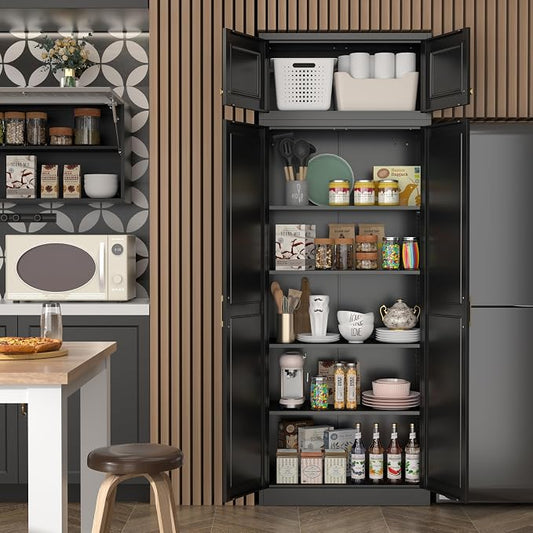 Steeloong86“ Kitchen Pantry Cabinet,Metal Storage Cabinets with Doors and 4 Adjustable Shelves,Black Kitchen Cabinet with 4 Gold Handles,Tall Cabinet for Livingroom,Pantry, Bathroom