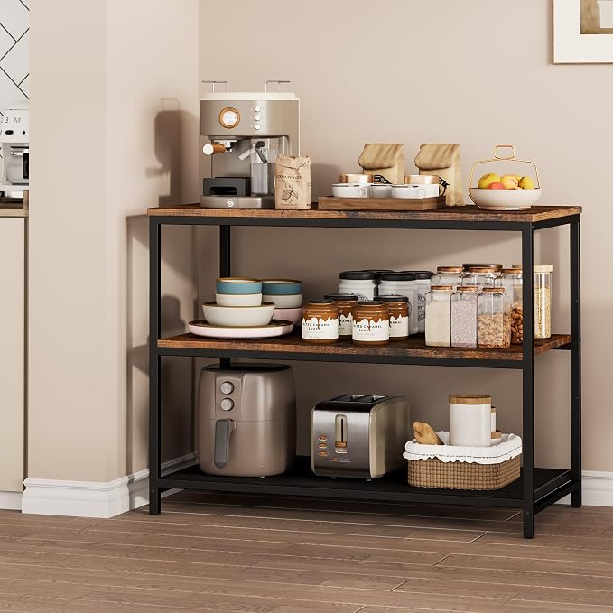 Homleke 39.4" L Kitchen Island with 3 Shelves, Kitchen Shelf with Large Workstation, Bakers Rack, Workbench, Metal Frame, Rustic Brown and Black