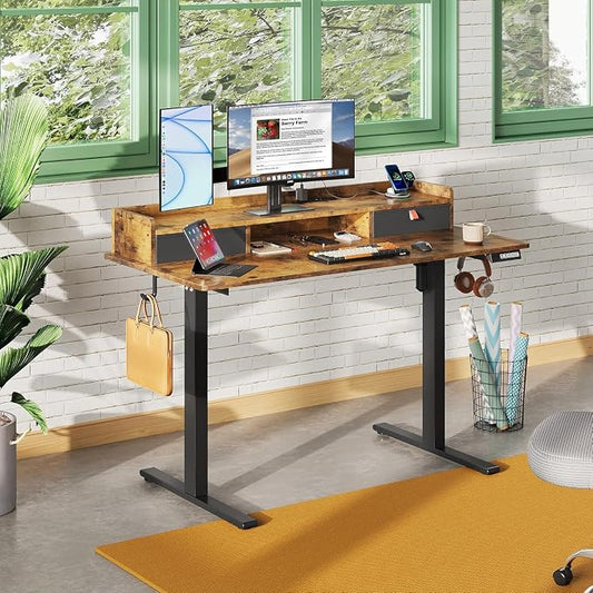 DEVAISE 48 Inch Electric Standing Desk with Shelf, 3 Adjustable Computer Desk for Home Office, with LED Touchscreen,Headphone Hook, 3 Memory Preset, with One-Piece Desktop, Rustic Brown