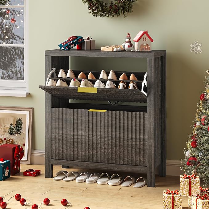 YOMILUVE Shoe Cabinet Storage for Entryway, Fluted Shoe Cabinet with 2 Flip Drawers, Hidden Shoe Rack Tall Freestanding Shoe Organizer with Legs for Hallway, Dark Gray