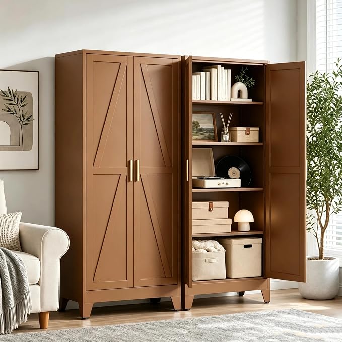 71”H Metal Kitchen Pantry Cabinet, Pantry Cabinets with 2 Doors and 4 Shelves, Kitchen Cabinet for Kitchen, Dining Room, Living Room and Bathroom, Brown