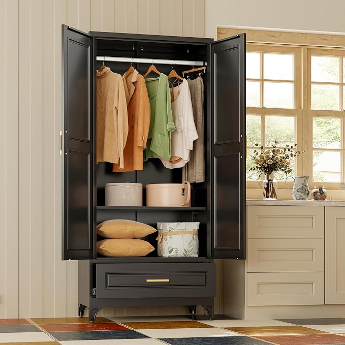 Metal Wardrobe Cabinets with Drawers,Black Armoire Wardrobe Closet with Hanging Rod,Clothes Storage Cabinet with Adjustable Shelves and Doors,Clothing Cabinet for Bedroom,Laundry Room