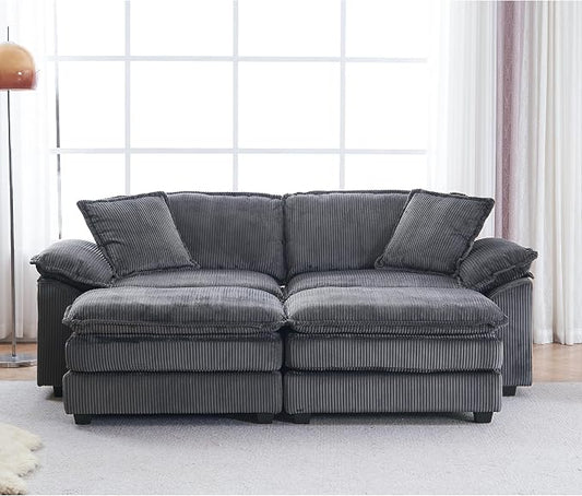 84.6” Corduroy Loveseat with Ottoman, Oversized Double Chaise Lounge Chair Indoor Deep Seat Two Seater Couch Cloud Couch Modular Sectional Sofa for Living Room(Corduroy Grey)