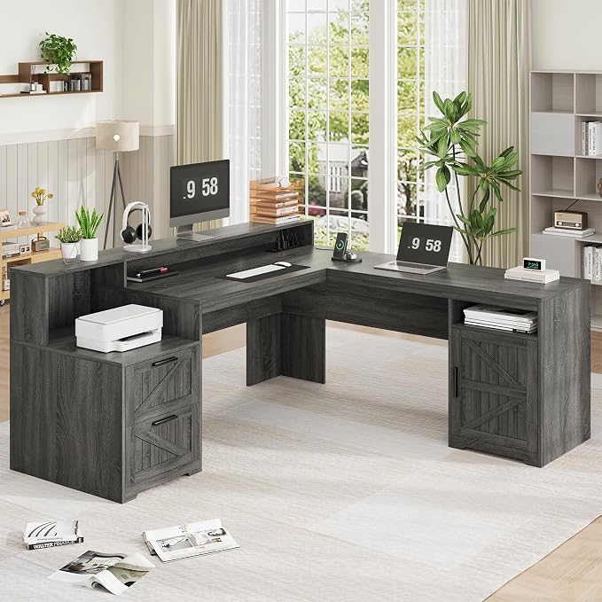 YOMILUVE 63" Farmhouse L Shaped Executive Desk with Drawers & Storage Shelf, Corner Computer Desk with Power Outlets, L Shaped Office Desk with Monitor Stand, Printer Shelf, Dark Gray
