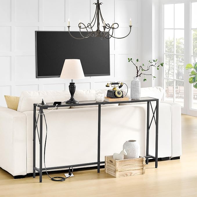 Gewudraw Sofa Table with Oulets and USB Ports, 55.1" Couch Table Behind Sofa, Industrial Long Skinny Stand for Hallway, Living Room, Bedroom, 6.5 Feet Power Cord