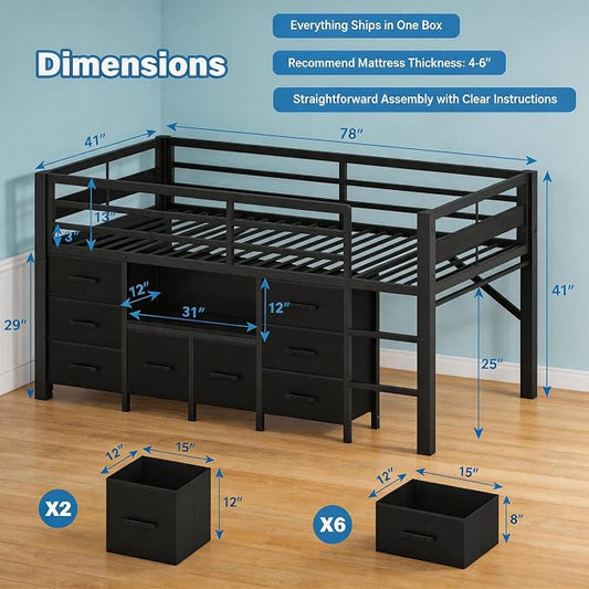 Einhomn Twin Low Loft Bed with 8 Drawers, Bookshelf, Heavy Duty Metal Kids Loft Bed with 13 Inch Safety Guardrail, Play Curtain, Under-Bed Play Area - Black