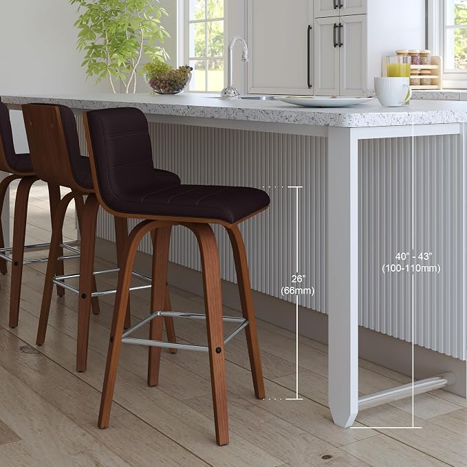 Vienna 26" Swivel Counter Stool in Walnut Wood Finish with Brown Faux Leather - Set of 2