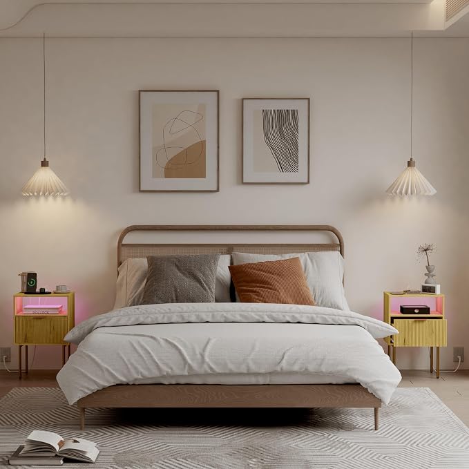 JOONEE Nightstand with Charging Station, Bedside Table with Storage Drawer, Fluted Side Table for Living Room, Bedroom