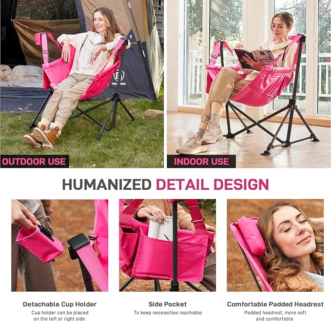 EVER ADVANCED Padded Oversized Hammock Camping Chair, Compact Heavy Duty Swing Chair with Multi-Storage Pockets, Portable Folding Rocking Camping Chair, Support Up to 400lbs, Pink
