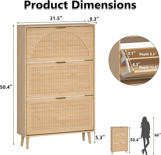 BORNOON Shoe Cabinet for Entryway with 3 Flip Drawers, Slim Wooden Shoe Storage Organizer with Modern Fluted Pannel,Freestanding Narrow Hidden Shoe Rack for Hallway, Foyer, Living Room