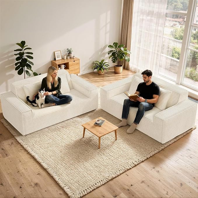 75'' Modern Cloud Loveseat Sofa Set of 2, No Assembly Required Comfy Deep Seat Couches 2 pcs for Living Room, Bedroom, Apartment (Corduroy-Beige)