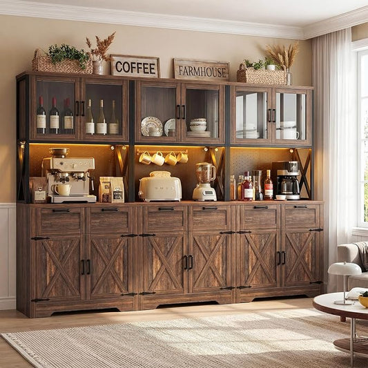 Unikito 94.5" Wide Kitchen Pantry Cabinet with 3 Power Outlets & LED Light, 71" Tall Large Kitchen Hutch with Countertop, DIY Pegboard with 18 Hooks & 6 Drawers, Farmhouse Food Pantry, Weathered Brown