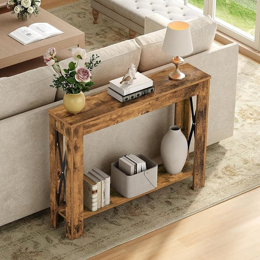 YATINEY Farmhouse Console Table, 39.4'' Small Narrow Entryway Table, Wood Couch Table Behind Sofa with Storage Shelf, Slim Farmhouse Hallway Table for Living Room, Hallway, Foyer, Rustic Brown CT34RR