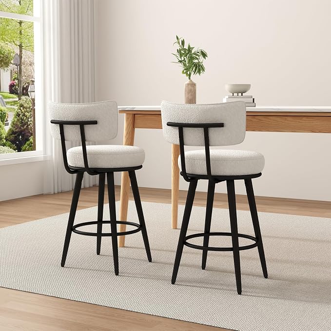 Bar Stools Set of 2, 26 Inches Modern Counter Stools with Metal Legs, Boucle Barstools with Backs, Bar Chairs for Kitchen Island, Upholstered Fabric White 2501