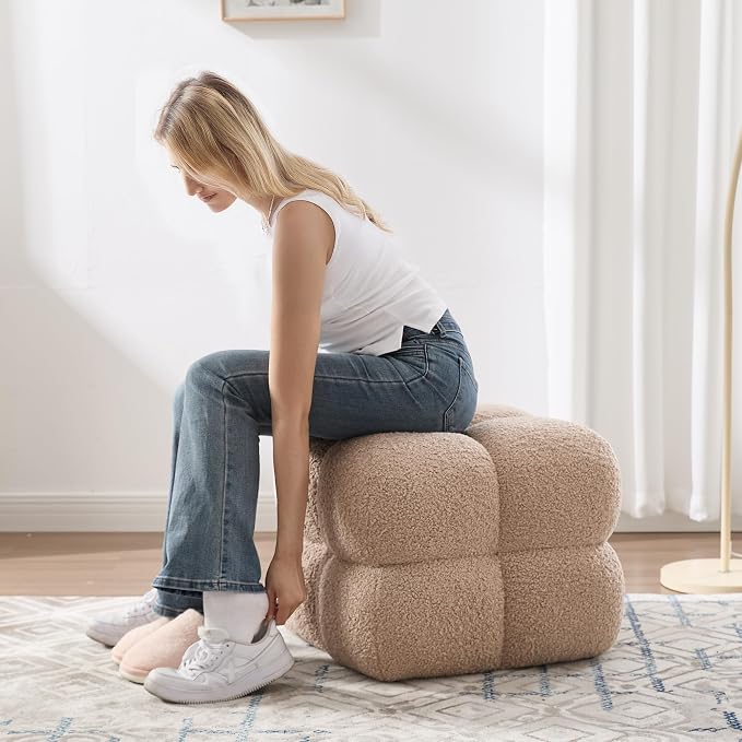 Zesthouse Square Pouf Ottoman Set of 2, Modern Backless Vanity Chair for Bedroom, Tan Fuzzy Foot Rest for Couch, Upholstered Tufted Footstool, Sherpa Fabric Ottoman Coffee Table for Living Room