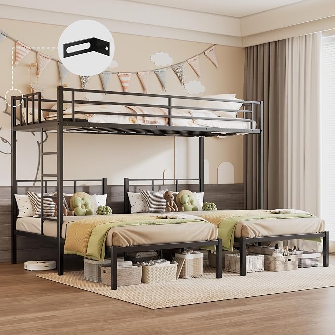 Metal Triple Bunk Bed, Twin Over Twin Over Twin, Black | Charging Station, Heavy Duty Frame, Guardrails and Ladder, Converts to Separate 3 Twin Beds, For Teens Bedrooms