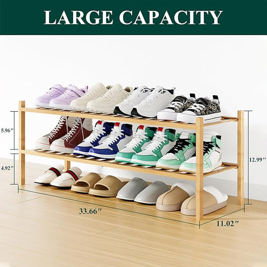 Smiry Long Bamboo Shoe Rack, 2 Tier Free Standing Wooden Shoe Organizer, Stackable Wood Shoe Storage Shelf for Closet, Entryway, 12 Vertical Slats, One-piece Standard Legs, 33.7"x11"x13", Natural