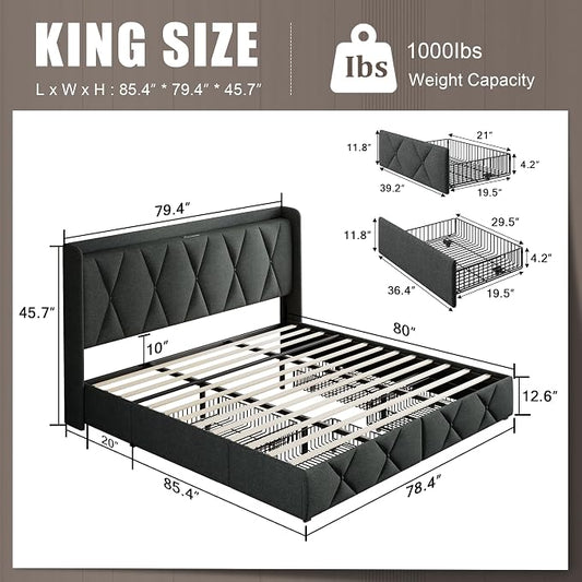 Einhomn King Size Bed Frame with 4 Storage Drawers and Charging Station, Upholstered Platform Bed Frame with Storage Headboard, No Box Spring Needed, Easy Assembly, Dark Grey