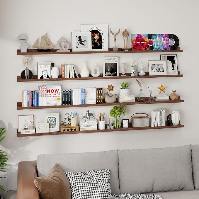 Axeman 72 Inch Floating Shelves | Walnut Picture Ledge Shelf Set of 4 | Rustic Wood Wall Shelves with Lip | 72" Walnut Picture Shelves for Wall with Ledge | Photo Shelves