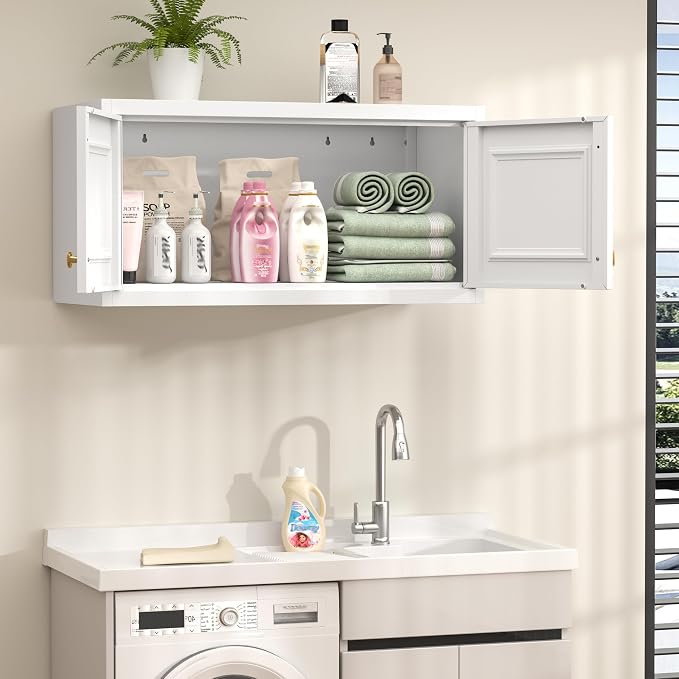 32" Metal Wall Cabinet 2 Doors,Pantry Cabinet Hanging Cabinets with Handle,Bathroom Storage Cabinet,16" D x 32" W x 15" H