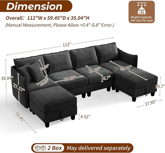 WorthFurni 112" Modular Sectional Sofa U Shape Couches with Storage Ottoman and Washable Cushion Cover for Living Room, Bedroom, Apartment(Black)