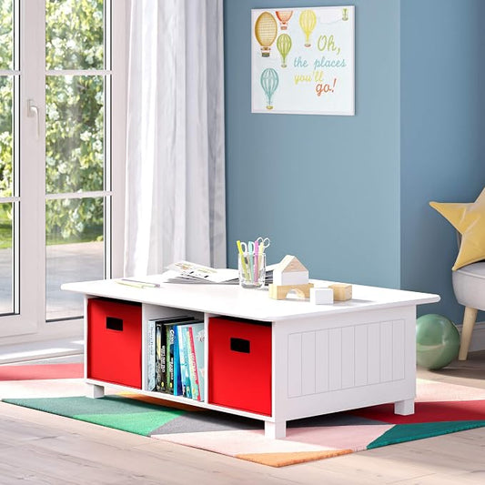 RiverRidge Kids 6 Cubby Storage 2pc Activity Table, White with Red Bins