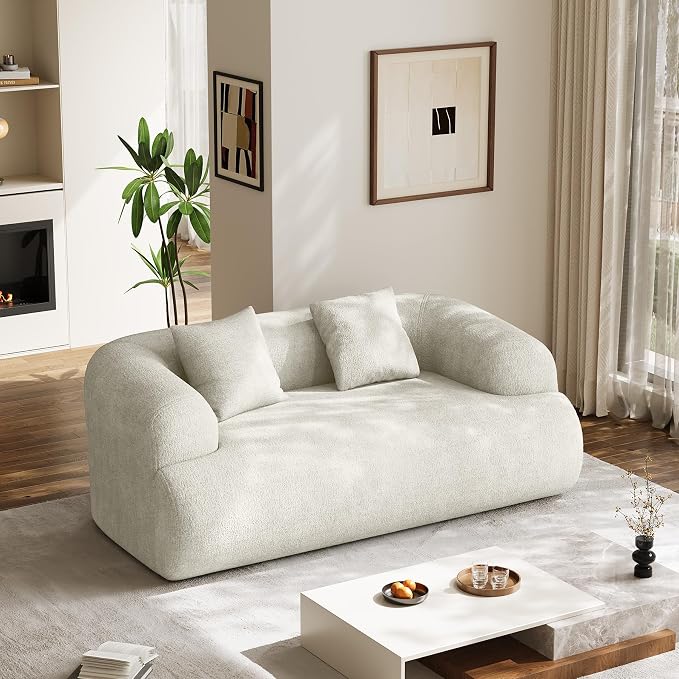 75" Boneless Cloud Loveseat, Modern Cute Curved Chenille Sofa, 2 Seater Compression Couch with 2 Pillows, No Assembly Required for Apartment Living Room, Beige White