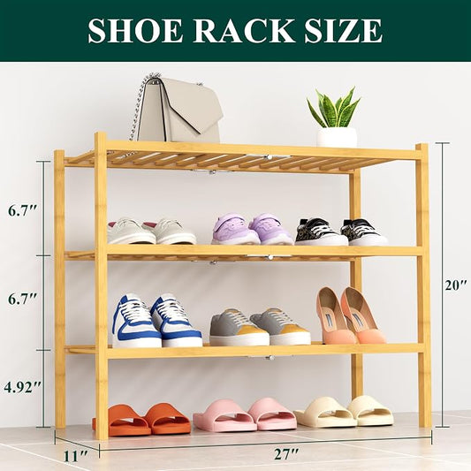 Smiry Bamboo Shoe Rack, 3 Tier Free Standing Wooden Shoe Organizer, Stackable Wood Shoe Storage Shelf for Closet, Entryway, 14 Vertical Slats, 2+1 Stack Heavy-Duty Legs, 26.8"x11"x19.5", Natural