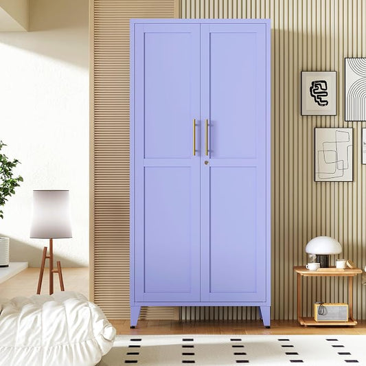 61" Tall Farmhouse Metal Storage Cabinet, Kitchen Pantry Storage Cabinets with 2 Barn Door and 3 Adjustable Shelves, for Home, Office, Kitchen, Laundry Room, Kids Room, Entryway, Purple