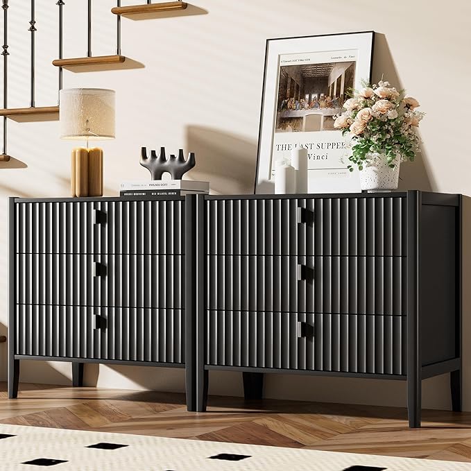 Furniway 31.5" Wide Black 3 Drawer Nightstand, Modern Fluted Bedside Table with Metal Handles, Large Storage End Table for Bedroom