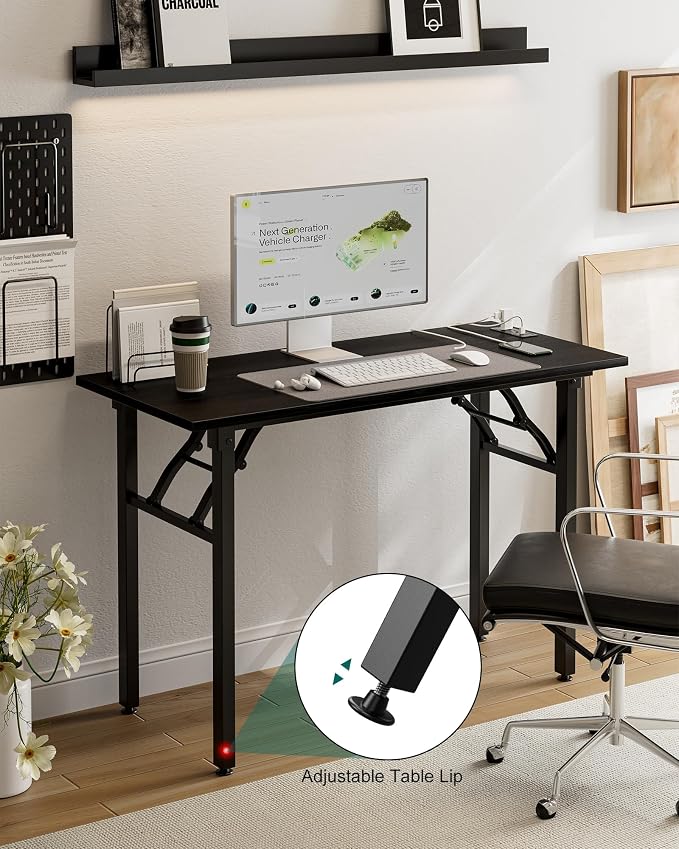 Frylr Small Folding Computer Desk β 43.3 Inch Portable Table for Craft and Study, Lightweight Desk for Small Spaces, Foldable Laptop Table Built-in AC/USB Outlets for Convenience, Dark Oak
