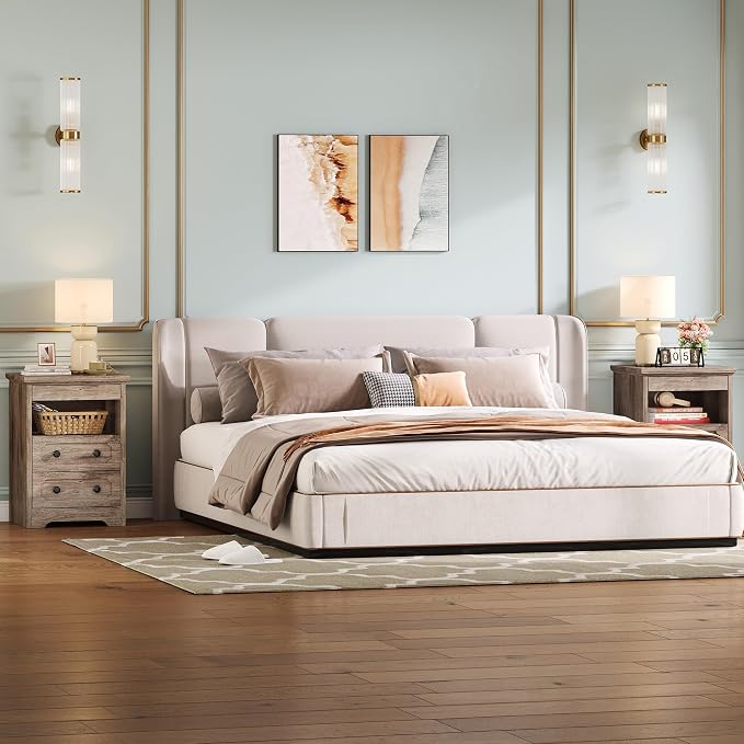 LIKIMIO Nightstand Set of 2, Night Stand with Pull Out Tray, Wooden Bedside Table with 2 Drawers and Open Shelf, Side Table for Bedroom, Grey