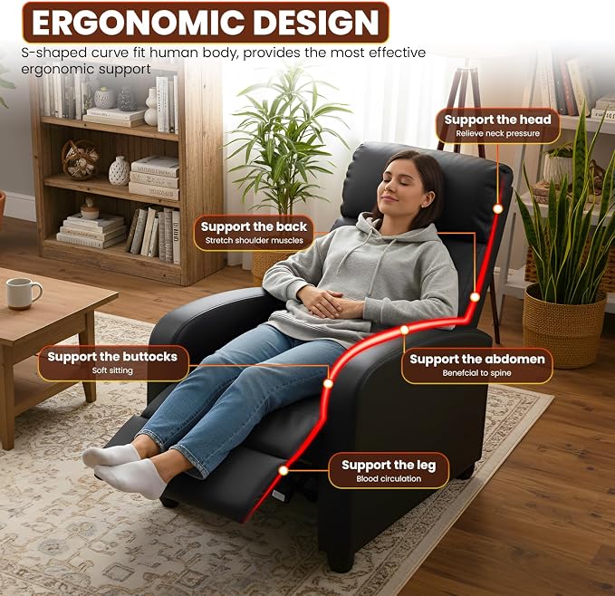 FDW Recliner Chair for Living Room Home Theater Seating Single Reclining Sofa Lounge with Padded Seat Backrest (Black)